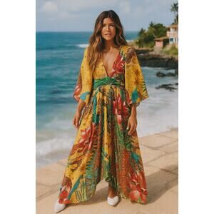 FARM Rio Tropical Dreams Kaftan Dress Caftan Yellow Large Maxi Boho Vacation